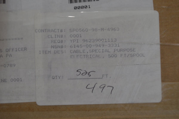 Electrical Special Purpose Cable 500ft,18awg, NSN:6145-00-949-3331Model: M49285/12
