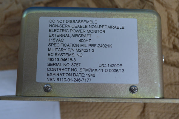 Electric Power Monitor, External Aircraft, 115VAC, 400HZ P/N:94618-3 NSN:6110-01-246-7177