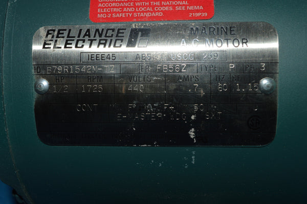 1/2 HP RELIANCE AC MOTOR 1725 RPM 440v FR: fb56z NEW!