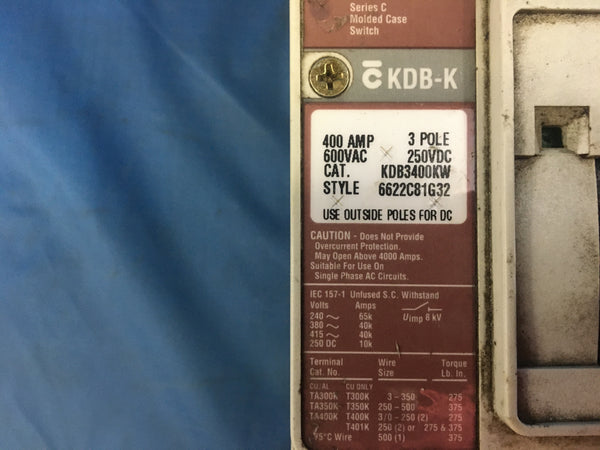 Cutler Hammer KDB3400KW, 400 Amp 3 Pole 600 Volt Molded Case Switch