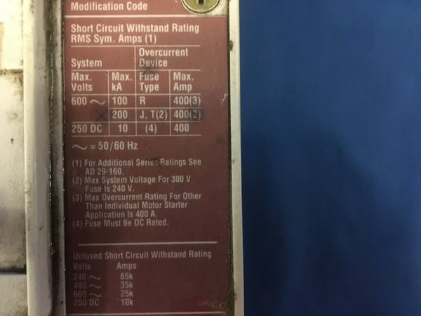 Cutler Hammer KDB3400KW, 400 Amp 3 Pole 600 Volt Molded Case Switch