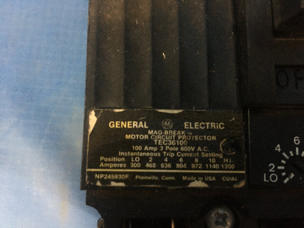 TEC36100 General Electric Mag-Break Motor Circuit Protector 100A 600V 3P