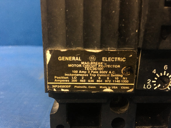 TEC36100 General Electric Mag-Break Motor Circuit Protector 100A 600V 3P