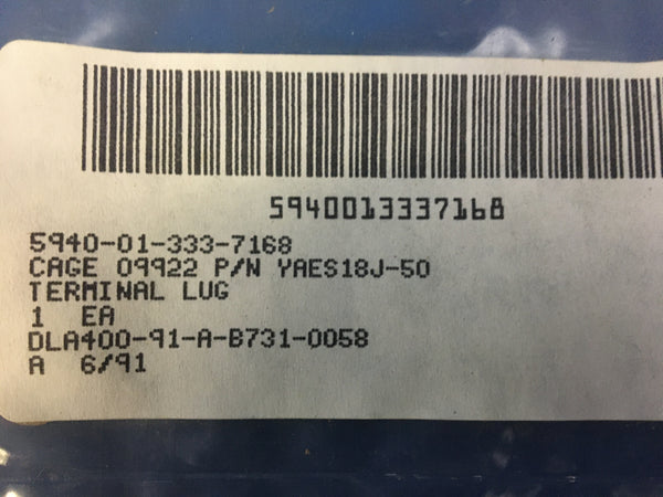 (5) Militry Spec High Temp Terminal Lug 18AWG Model:YAES18J-50 NSN:5940-01-333-7168