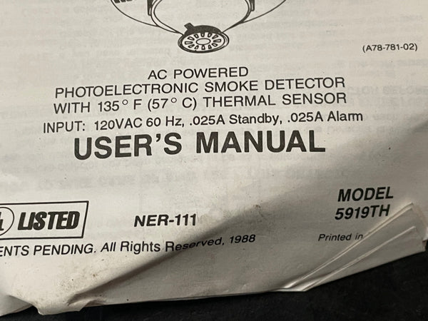 BRK 5919TH Photoelectric Smoke Detector NSN:6350-01-234-6226