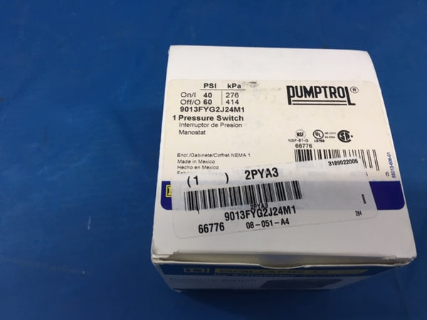 Square D Pumptrol 40 psi 60 psi Pressure Switch  P/N:9013FYG2J24MI NSN:5930-01-586-3692