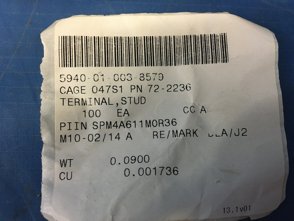 (100) Department Of Defense Project 72-2236 Stud Terminal NSN:5940-01-003-8579