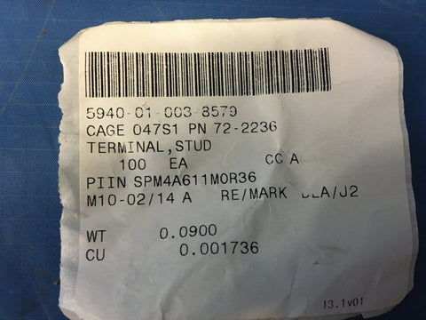 (100) Department Of Defense Project 72-2236 Stud Terminal NSN:5940-01-003-8579