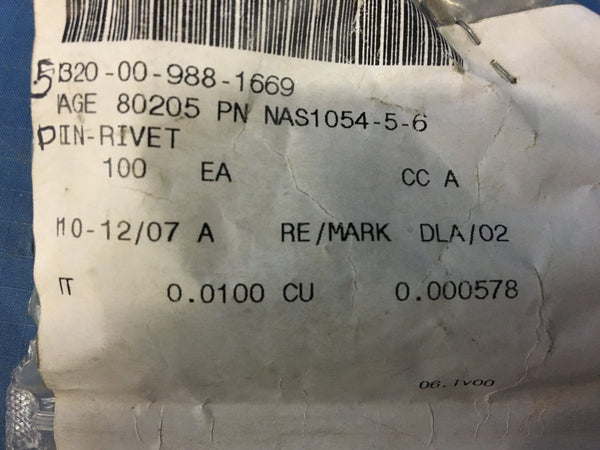 (100) Aircraft Alloy Steel Pin-rivet NAS1054-5-6 NSN:5320-00-988-1669