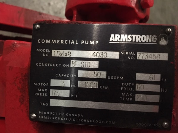 Armstrong Pump 4030 Base Mounted End Suction Pump 3HP 1.5 x 1  x 8