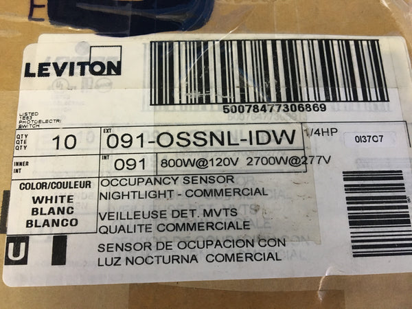 NEW!!! Leviton 091-OSSNL-IDW Decora Passive Infrared Wall Switch Occupancy Sensor