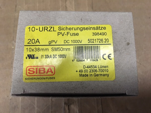 (10) New Siba 5021726.20 PV Fuse 20 Amp,1000 Volt, DC