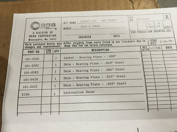 Cummins Onan Bearing P Parts Kit NSN:6115-01-048-6550 Model:101-0426