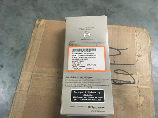 (10) ChemLight Super High Intensity Tactical Lights, Orange NSN:6260-01-247-0363 Model:9-03630