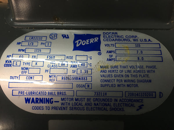 Doerr Alternating Current Motor NSN:6105-01-178-4709 P/N:73211H  Model:A91010200