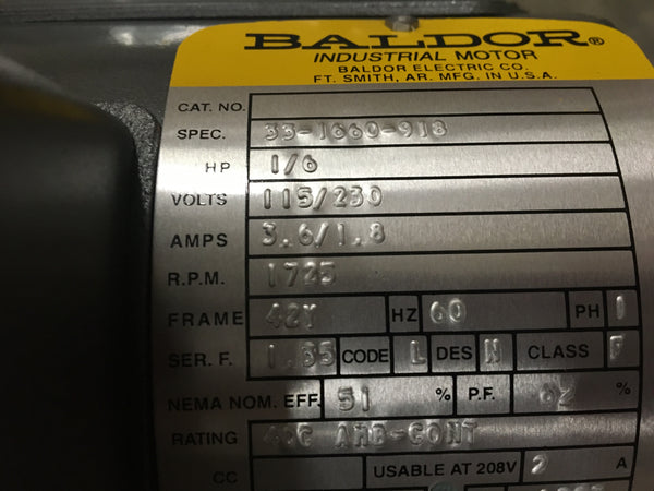 Baldor AC Motor,1/6HP115/230V,1725RPM,60HZ,1PH For Use W/Water Purification Unit NSN:6105-01-355-4490 Model:33-1660-918