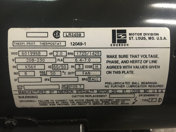 Emerson 601996B AC Motor,2HP,208-230V,1725RPM,3PH NSN:6105-00-531-0563