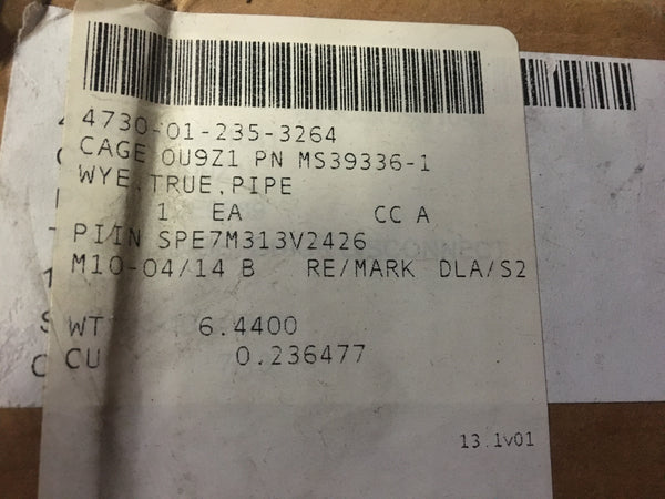 4"  Wye Quick Disconnect Pipe NSN:4730-01-235-3264 P/N:MS39336-1