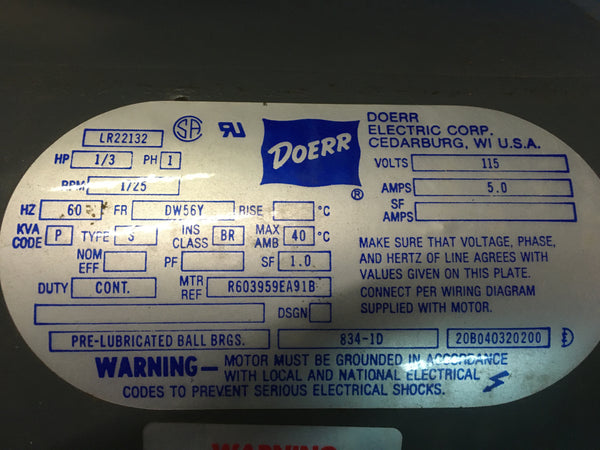 1/3 HP Doerr AC Motor 1PH, 1725RPM, 115V, 60HZ Model:LR22132 NSN:6105-01-247-2252