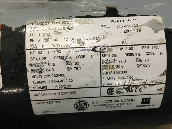 US Motors U32E2DC, 1.5HP, 3PH, 1425RPM, 208-230/460V Model:AF22 NSN:610500MOTOR E