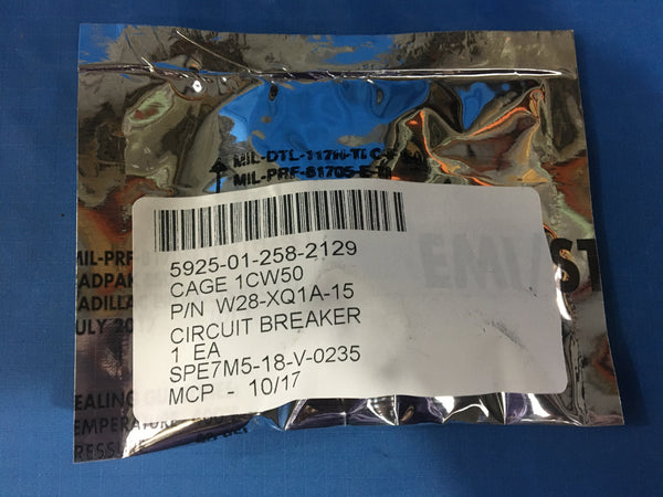 Tyco Circuit Breaker, 15 AMP Push Thru, Model:W28XQ1A-15 NSN:5925-01-258-2129